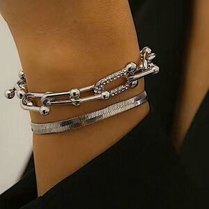 Sterling Silver U Link Rhinestone Multilayer Two Piece Herringbone Bracelet